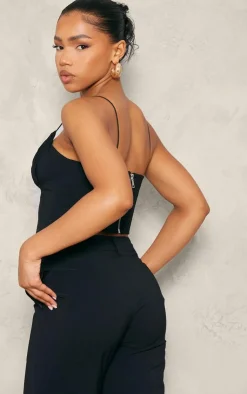 Online PrettyLittleThing Tailored Woven Ruched Front Corset Black