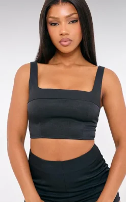 Best PrettyLittleThing Tailored Woven Seam Detail Straight Neck Crop Top Black