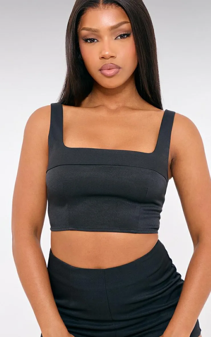 Best PrettyLittleThing Tailored Woven Seam Detail Straight Neck Crop Top Black