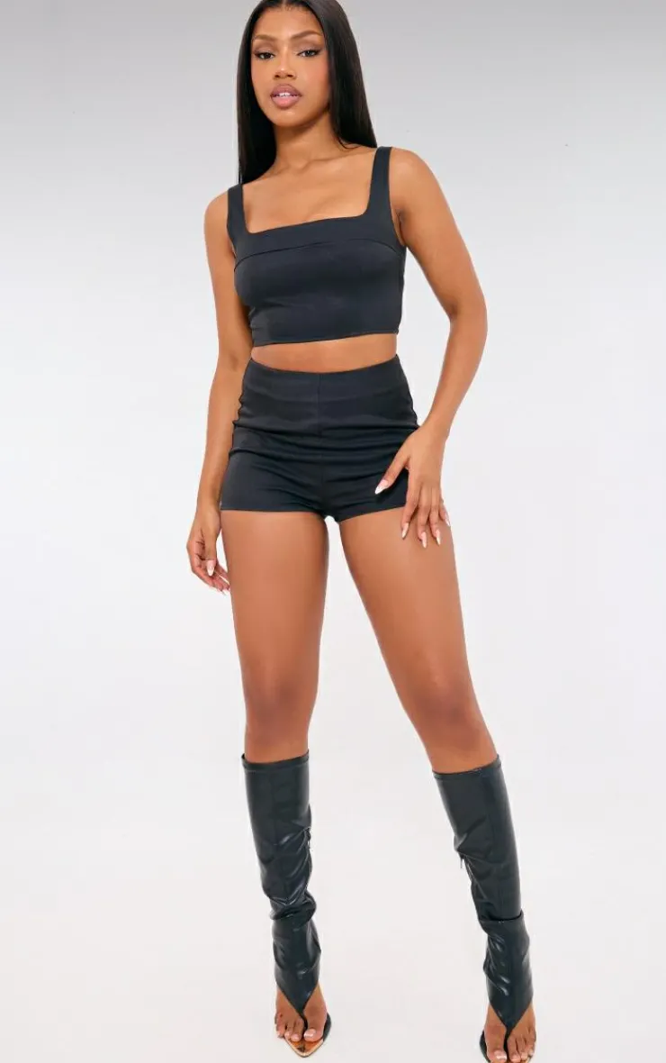 Best PrettyLittleThing Tailored Woven Seam Detail Straight Neck Crop Top Black