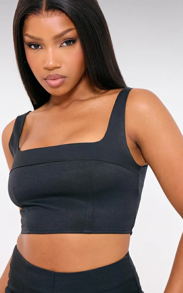 Best PrettyLittleThing Tailored Woven Seam Detail Straight Neck Crop Top Black