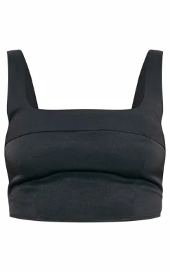 Best PrettyLittleThing Tailored Woven Seam Detail Straight Neck Crop Top Black