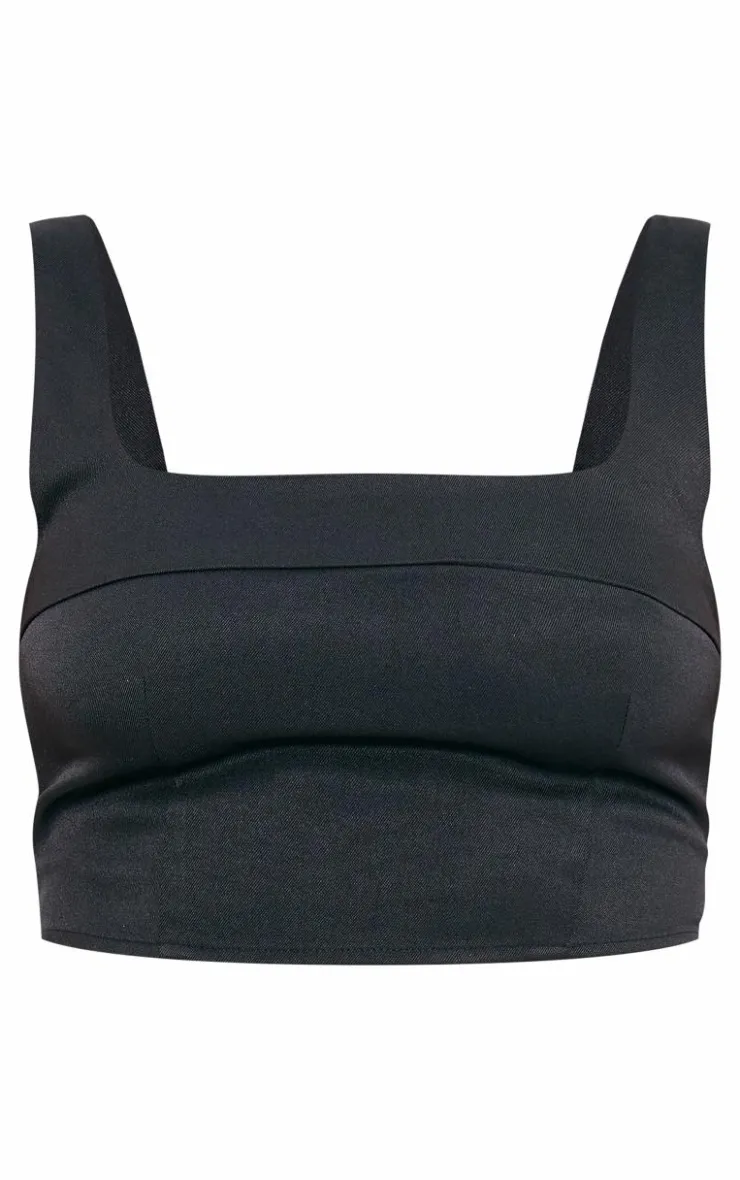 Best PrettyLittleThing Tailored Woven Seam Detail Straight Neck Crop Top Black