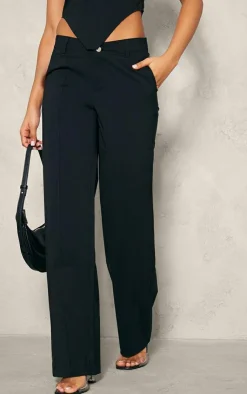 Sale PrettyLittleThing Tailored Woven Straight Leg Seamed Detail Pants Black