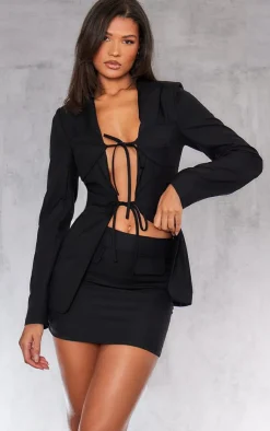 Clearance PrettyLittleThing Tailored Woven Tie Front Longline Blazer Black