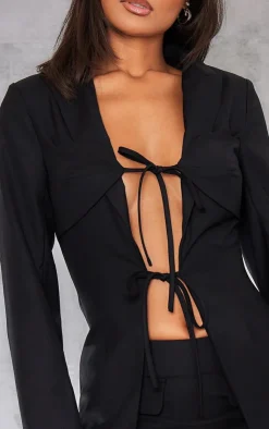 Clearance PrettyLittleThing Tailored Woven Tie Front Longline Blazer Black