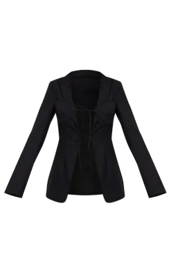 Clearance PrettyLittleThing Tailored Woven Tie Front Longline Blazer Black