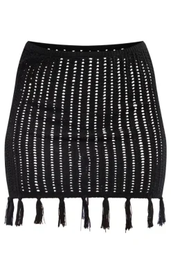 PrettyLittleThing Tassel Crochet Low Waist Mini Skirt Black
