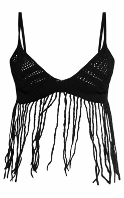 Online PrettyLittleThing Tassel Crochet Top Black