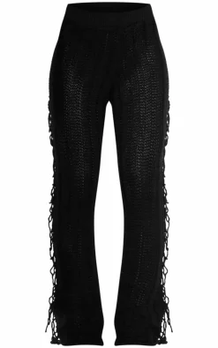 Discount PrettyLittleThing Tassel Crochet Wide Leg Pants Black