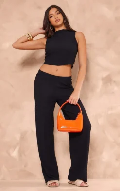 New PrettyLittleThing Texture High Neck Seam Detail Long Top Black