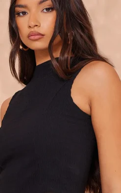 New PrettyLittleThing Texture High Neck Seam Detail Long Top Black