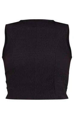 New PrettyLittleThing Texture High Neck Seam Detail Long Top Black