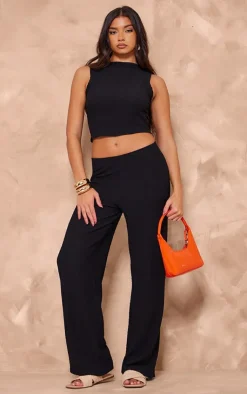 Clearance PrettyLittleThing Texture Mid Rise Wide Leg Pant Black
