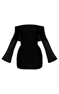 Textured Bardot Flare Long Sleeve Mini Dress-PrettyLittleThing