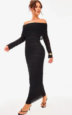 Textured Bardot Maxi Dress-PrettyLittleThing New