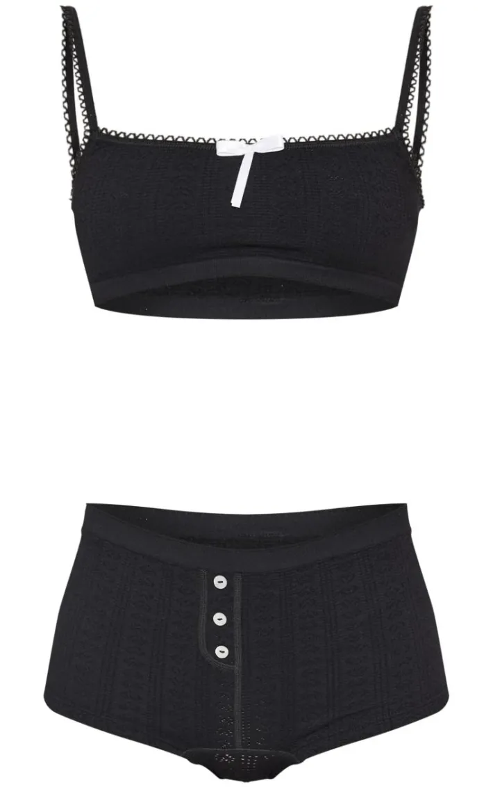 Black Textured Bralette And Boxer Lingerie Set
