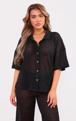 Clearance PrettyLittleThing Textured Button Front Shirt Black