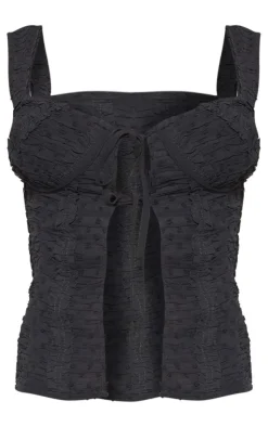 Outlet PrettyLittleThing Textured Chiffon Frill Tie Front Long Top Black