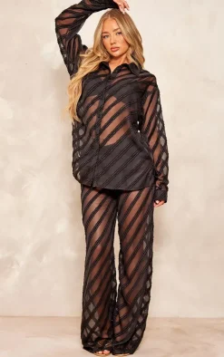 Hot PrettyLittleThing Textured Chiffon Oversized Wide Leg Pants Black