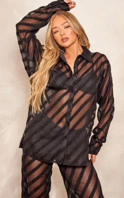 Discount PrettyLittleThing Textured Chiffon Oversized Button Up Shirt Black