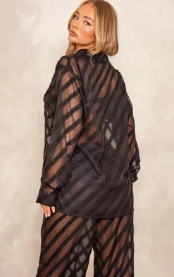 Discount PrettyLittleThing Textured Chiffon Oversized Button Up Shirt Black