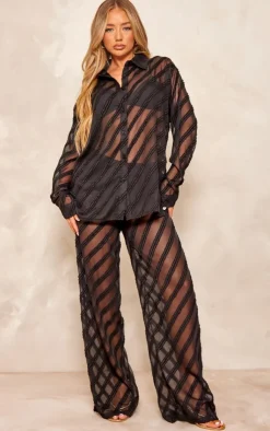 Discount PrettyLittleThing Textured Chiffon Oversized Button Up Shirt Black