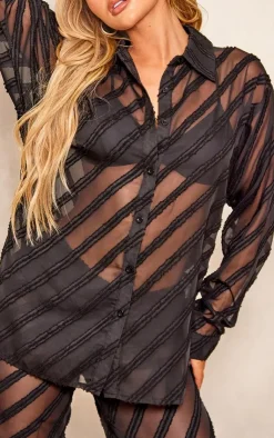 Discount PrettyLittleThing Textured Chiffon Oversized Button Up Shirt Black