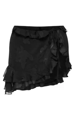 PrettyLittleThing Textured Chiffon Tie Side Frilly Mini Skirt Black