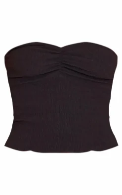 Hot PrettyLittleThing Textured Frill Hem Ruched Front Bandeau Top Black