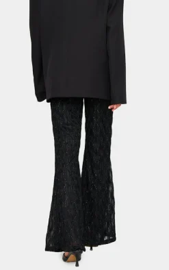 Black Textured Glitter Mesh Flared Pants