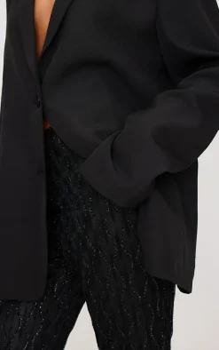 Black Textured Glitter Mesh Flared Pants