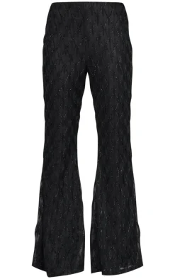 Black Textured Glitter Mesh Flared Pants