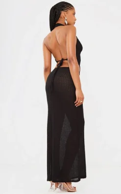 Textured Halterneck Tie Back Maxi Dress-PrettyLittleThing New