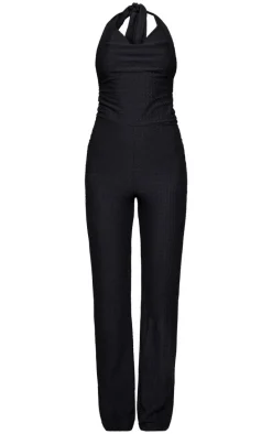 Black Textured Halterneck Wide Leg Cowl Jumpsuit