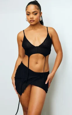 Outlet PrettyLittleThing Textured Jersey Fold Over Tie Detail Micro Mini Skirt Black