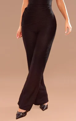 Outlet PrettyLittleThing Textured Jersey Mid Rise Wide Leg Pants Black
