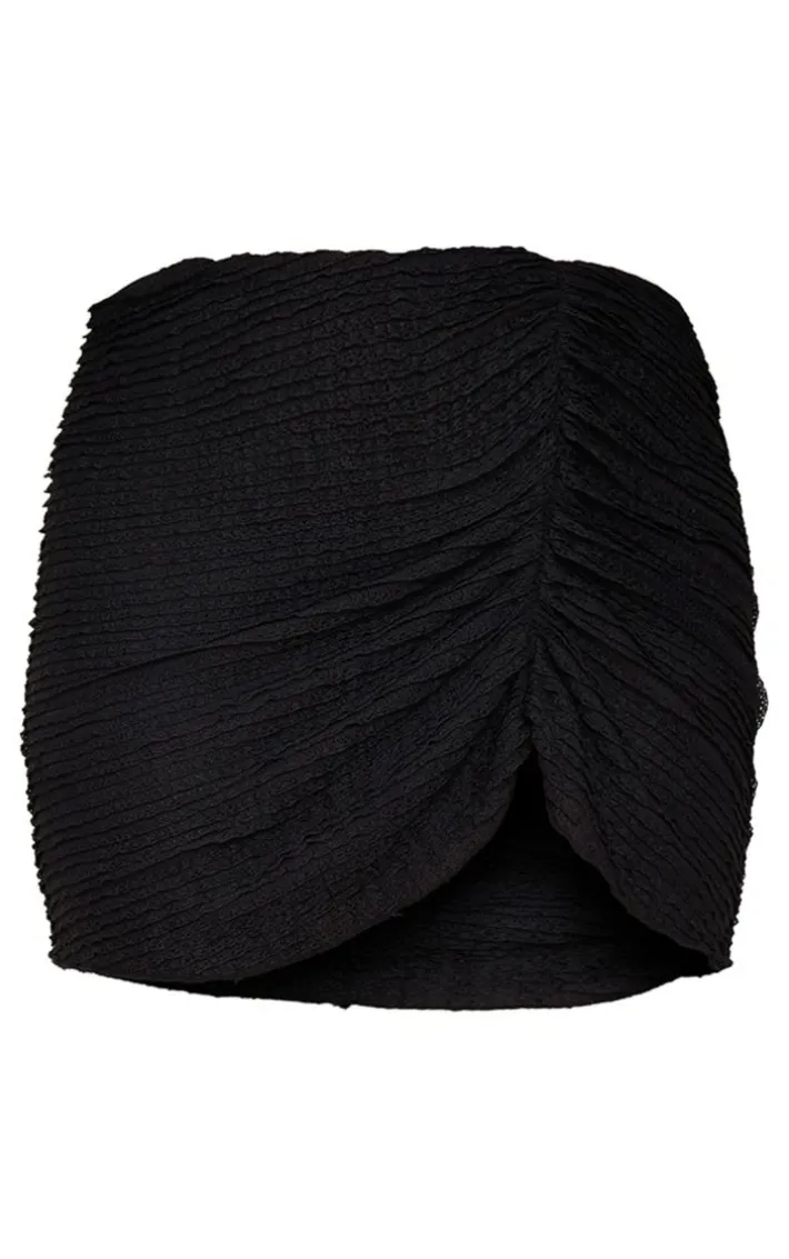 Black Textured Jersey Ruched Asymmetric Mini Skirt