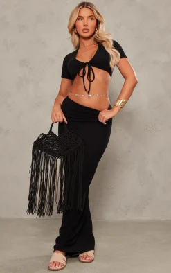 PrettyLittleThing Textured Jersey Tie Front Short Sleeve Crop Top Black