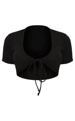 PrettyLittleThing Textured Jersey Tie Front Short Sleeve Crop Top Black