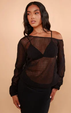 PrettyLittleThing Knitted Tops*Textured Knit Off The Shoulder Long Top