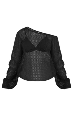 PrettyLittleThing Knitted Tops*Textured Knit Off The Shoulder Long Top