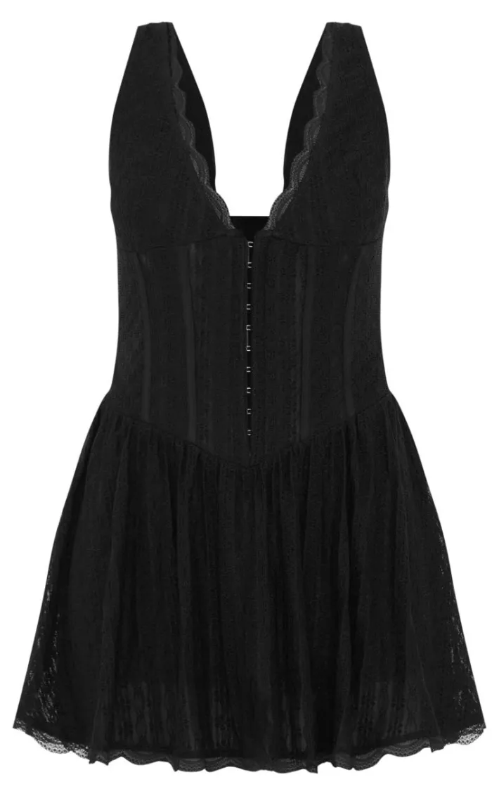 Black Textured Lace Corset Detail Floaty Romper