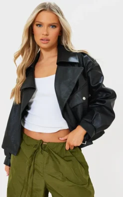 PrettyLittleThing Faux Leather Jackets*Textured Look Faux Leather Biker Jacket