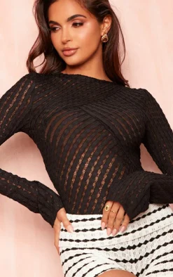 PrettyLittleThing Knitted Tops*Textured Mesh Long Sleeve Bodysuit