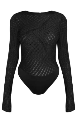 PrettyLittleThing Knitted Tops*Textured Mesh Long Sleeve Bodysuit