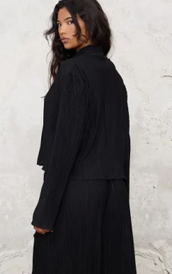 PrettyLittleThing Textured Pleated Button Front Shirt Black