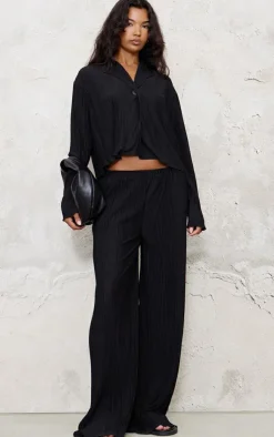 PrettyLittleThing Textured Pleated Button Front Shirt Black