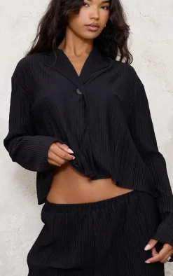 PrettyLittleThing Textured Pleated Button Front Shirt Black