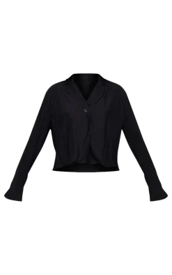 PrettyLittleThing Textured Pleated Button Front Shirt Black